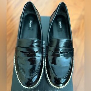 DKNY Shiny Black Women's Loafers with Silver Trim